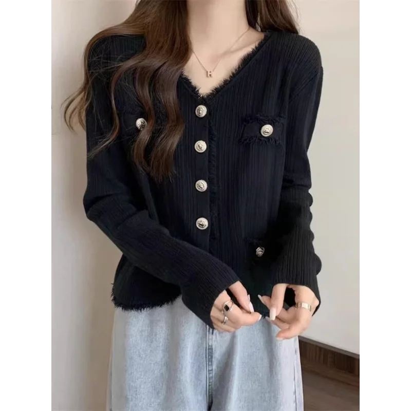 Button Solid Color Cardigan Long Sleeve V-Neck Sweater Knitted Coats Casual Spring Autumn Women's Clothing Office Lady Tops