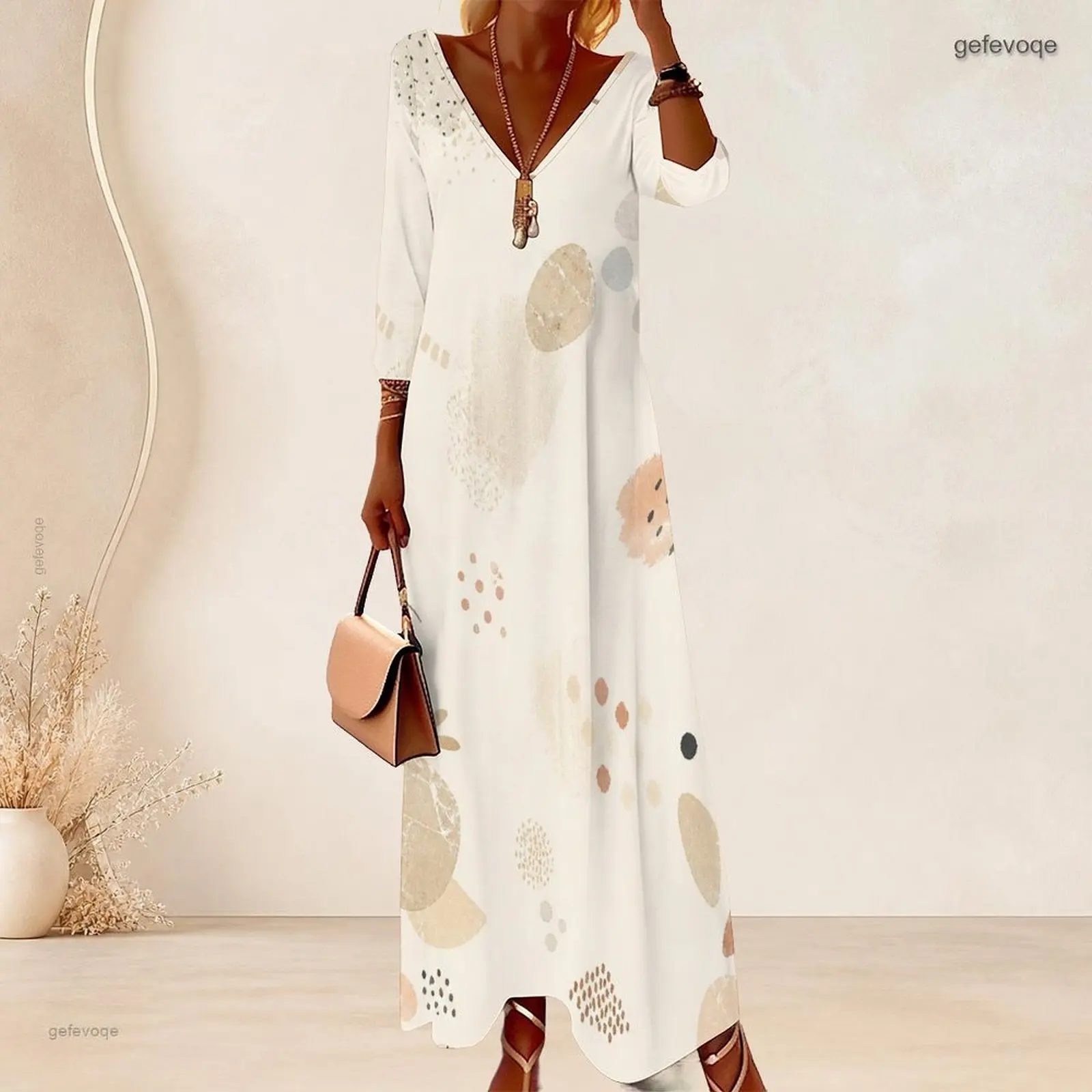 Women V Neck 3/4 Sleeve Long Dress, Pink Red Green Gingham Floral Patchwork Print