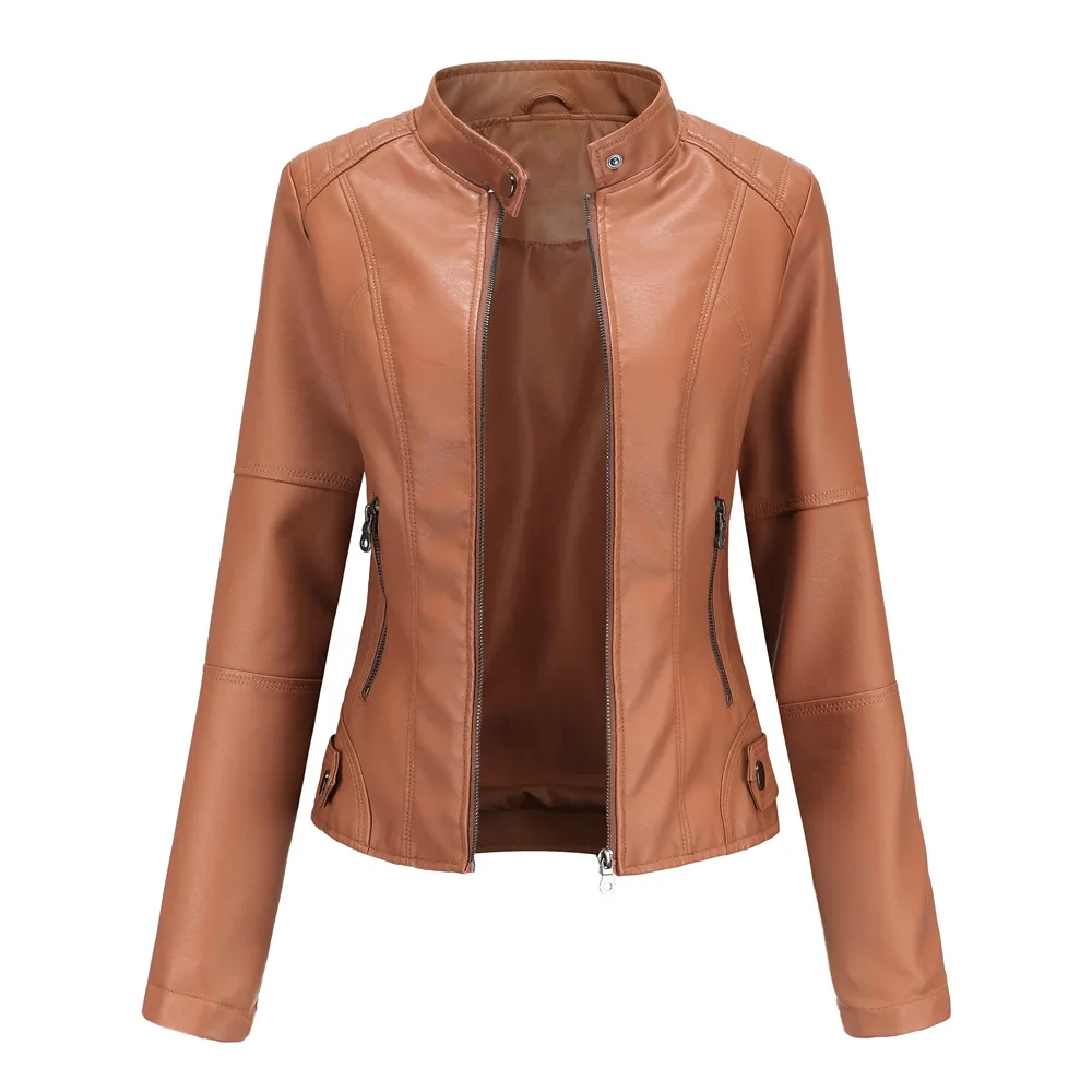 Leather Jacket Women  Autumn Spring Women's Moto Biker Zipper Jacket Red Black Apricot Coffee Coat Ladies Outerwear Brown