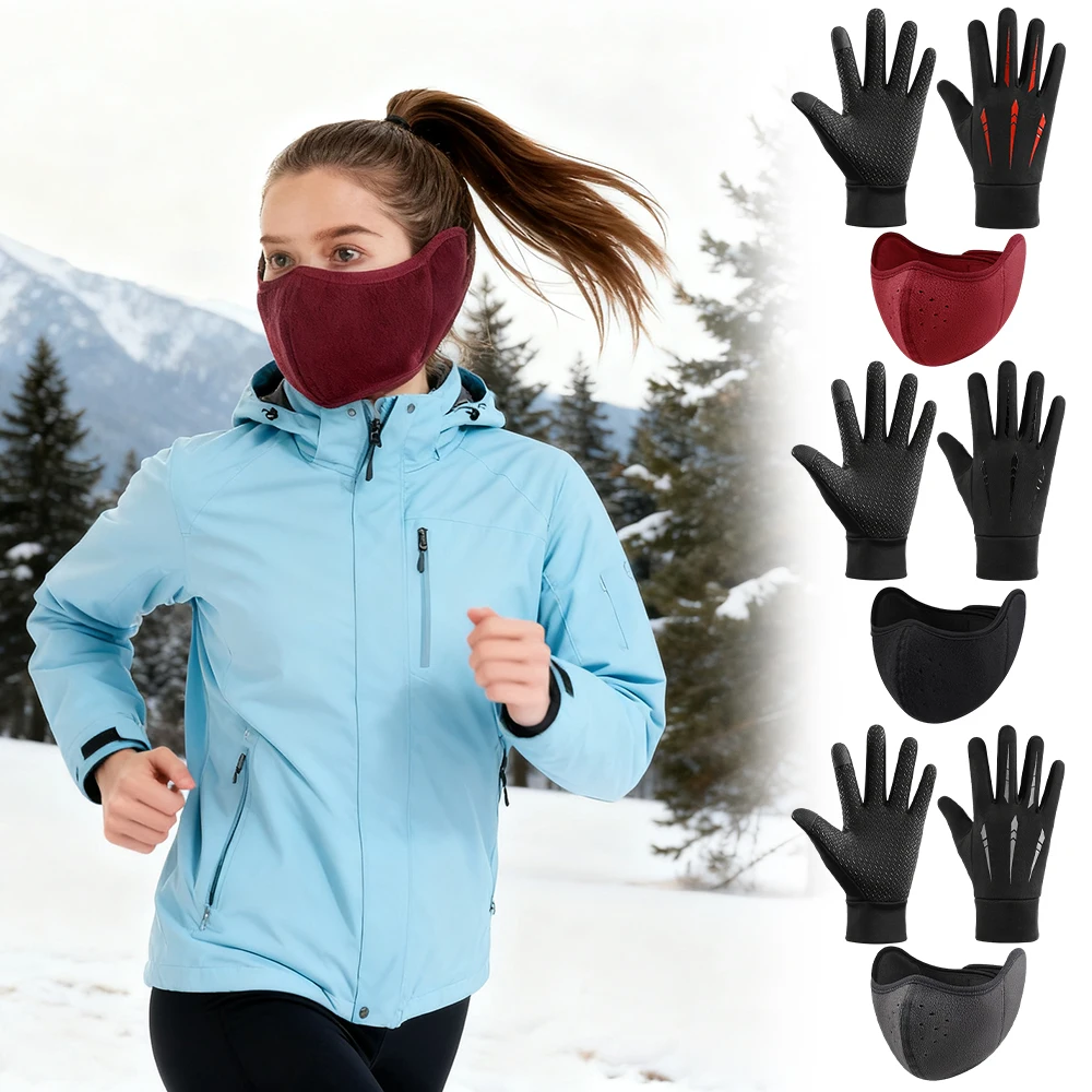 

3 Pcs/set Winter Unisex Warm Fleece Mask and Gloves Windproof Set Cycling Anti Dust Reusable Outdoor Sports Thermal Accessories