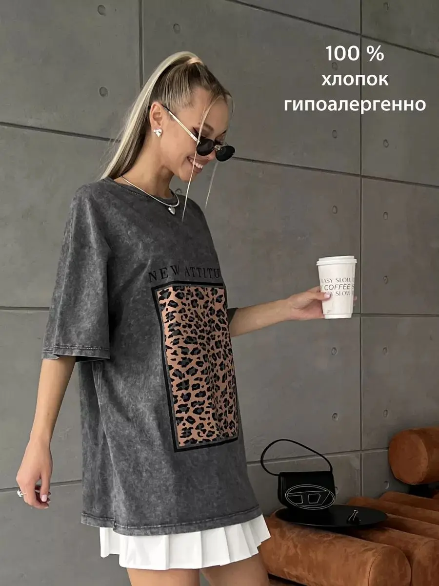 Camiseta lavada con estampado de letras de leopardo para mujer, Tops de algodón de gran tamaño para mujer, camisetas de manga corta con cuello