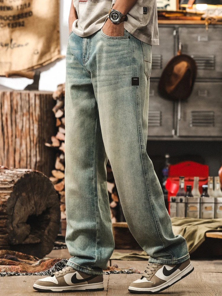 

Мужские свободные драпированные джинсы в американском стиле ретро, весенне-осенние джинсовые брюки с длинной талией и широкими штанинами, молодежные повседневные дышащие свободные прямые брюки