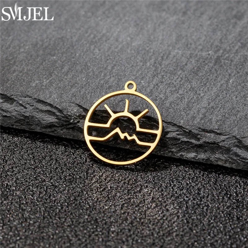 5pcs/lot Classic Stainless Steel Sunrise Charms 15mm Gold Color Mountain Range Round Pendants DIY Jewelry Making Accessories