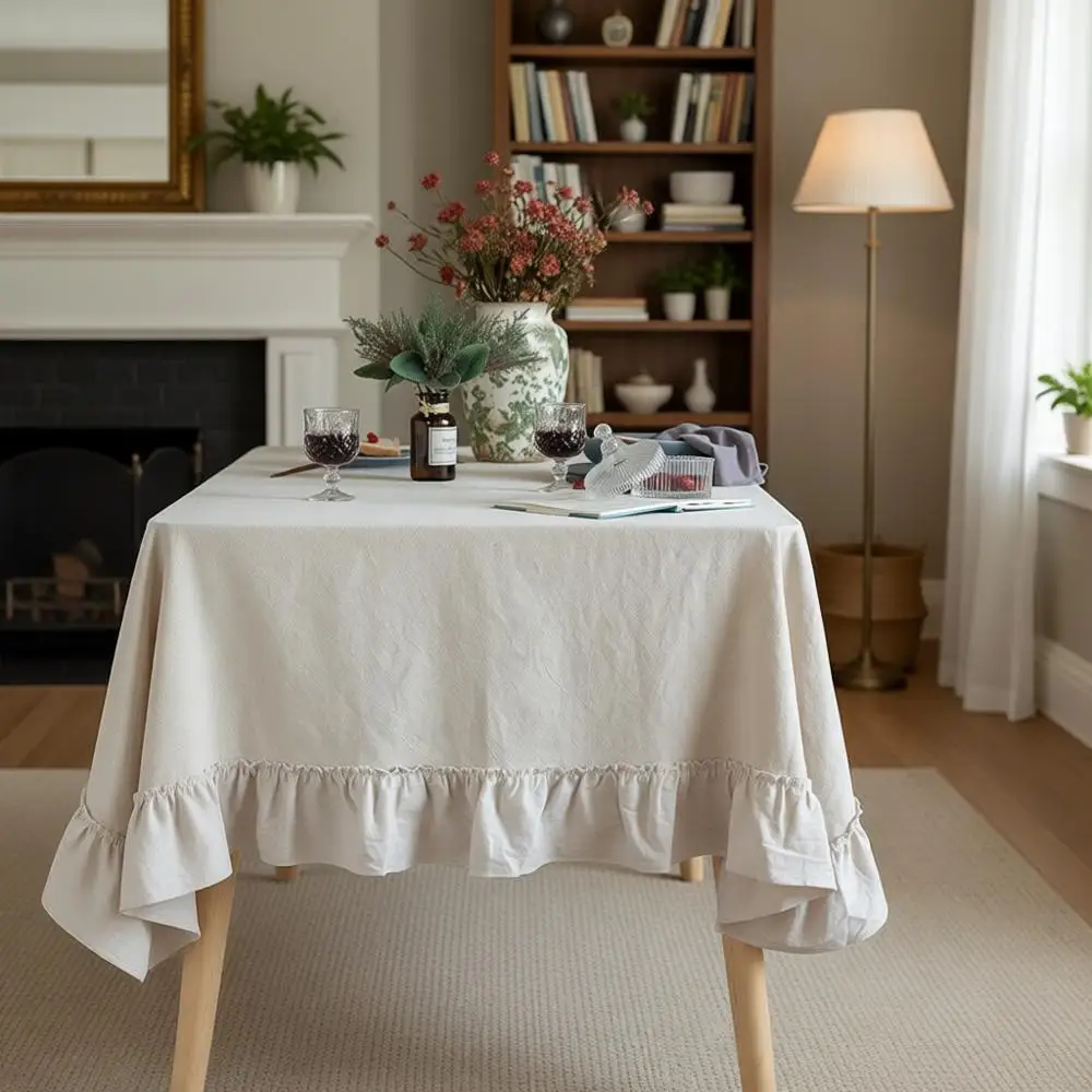 

Cotton Vintage Lace Trim Washable Tablecloth, 60x120 inches, Ideal for Baby Showers, Kitchen Parties, and Weddings