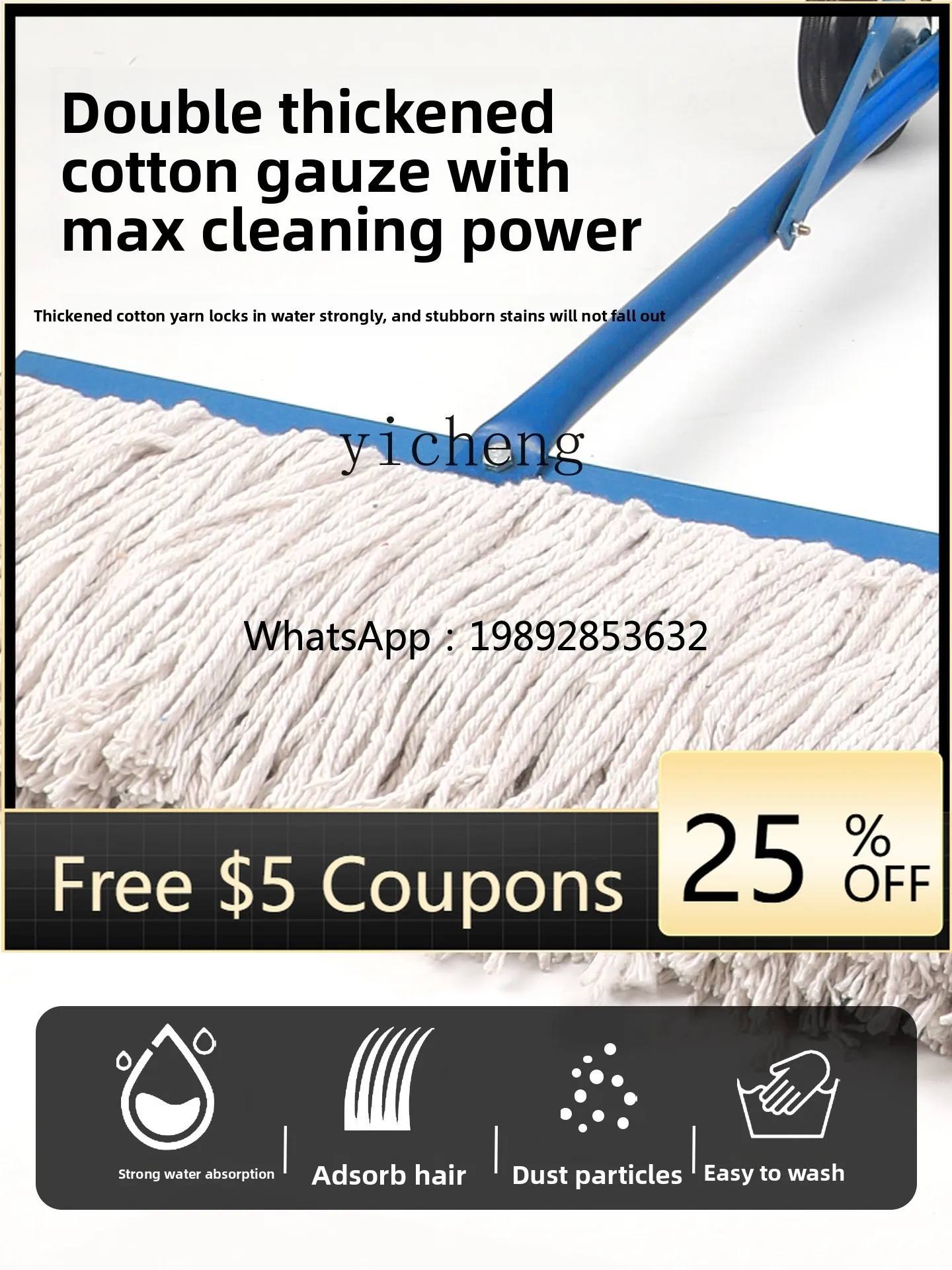 YSHand-Push Cleaning Cart for Washing Court Floors, Large Cotton Mop for Large Area Cleaning
