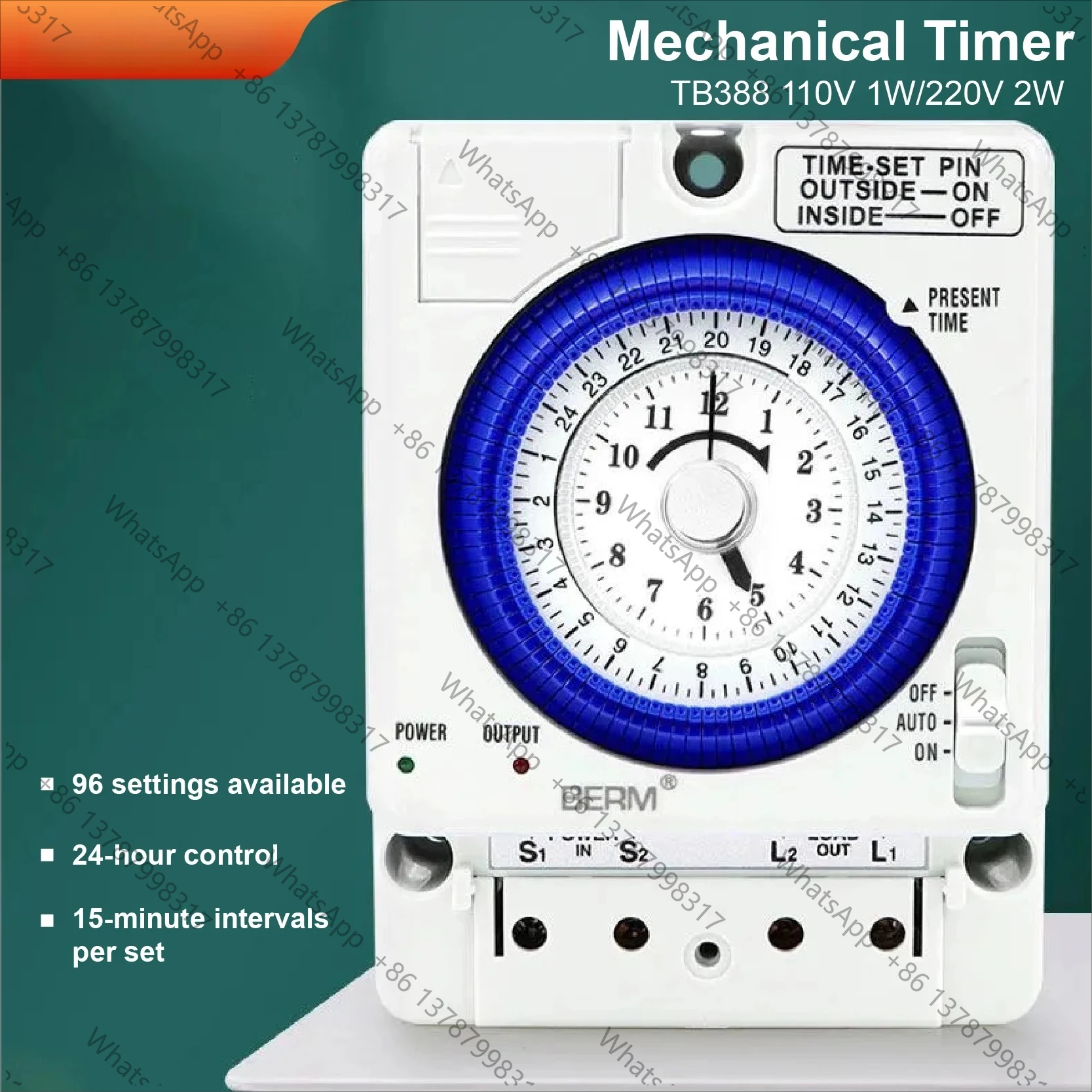 TB388 24 Hour Mechanical Timer Switch 110‑240VAC Programmable 96 Steps Power Failure Backup Industrial Time Control Device