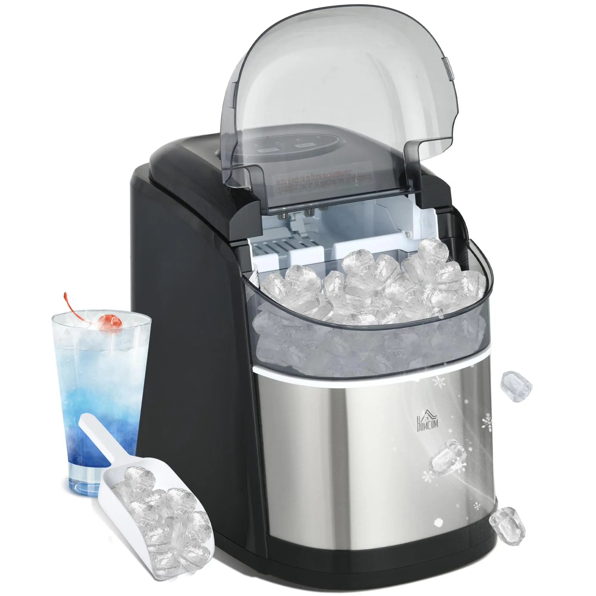 Machine à glaçons, réservoir de 1,7 L, 9 pièces/6-12 min, 12 kg/jour, argentée avec fonction autonettoyante