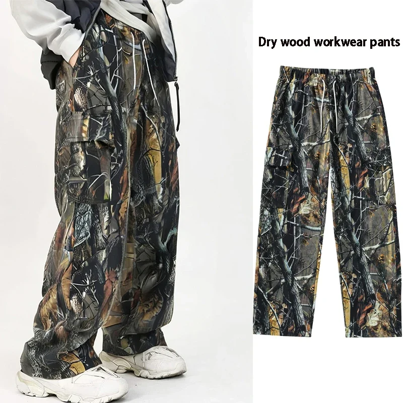 

Cargo Pants Tree Branch Pattern Workwear Pants for Men's Casual Fashion Outdoor American Street Casual Loose Wide Leg Floor Pant