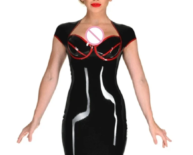 

Sexy Black Women Latex Fetish Rubber Summer Dress Breast Cup Gummi 0.4mm with Back Zip Customize