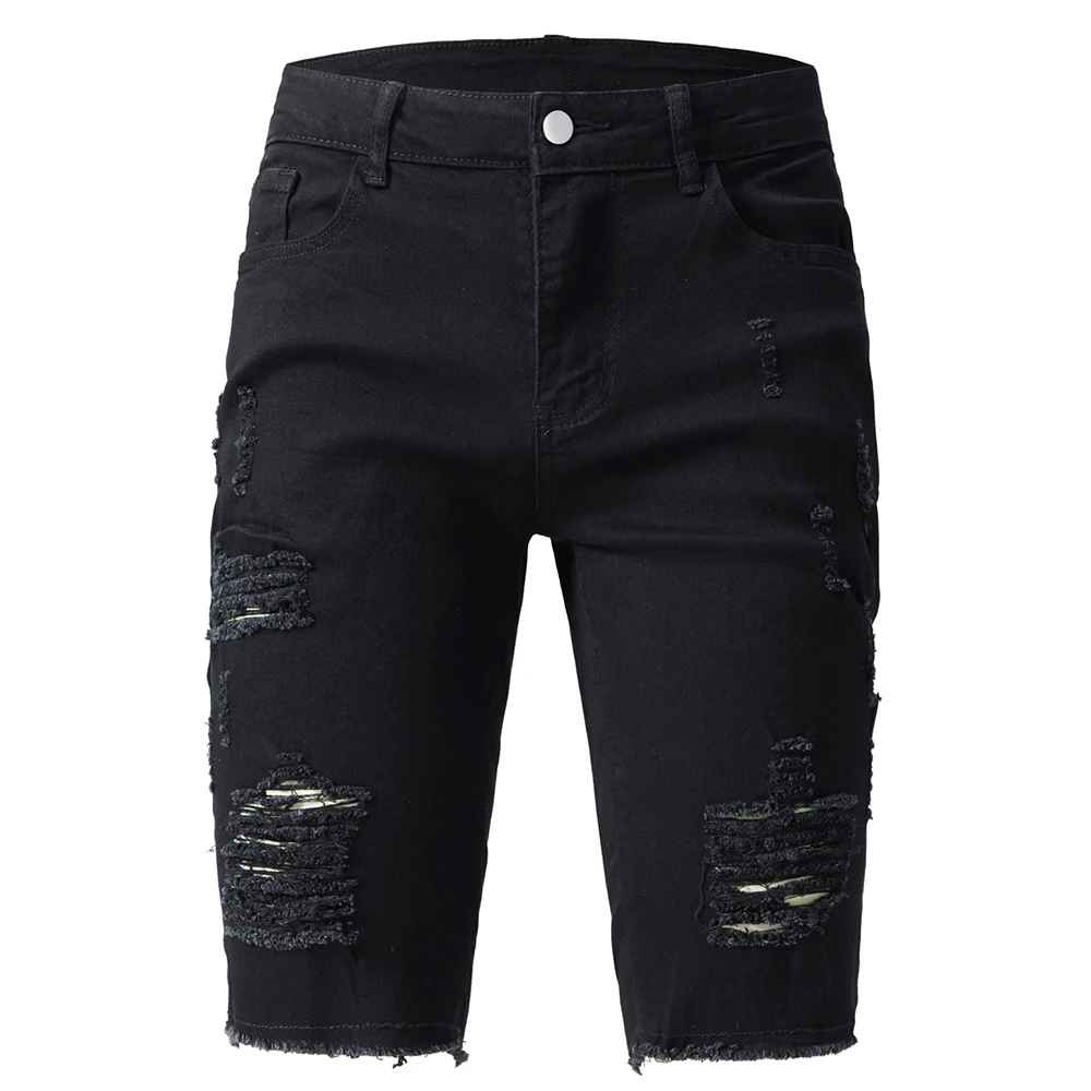 

Men's Ripped Denim Shorts Summer Holes Distressed Black Stretch Jorts Knee Length Cotton Spandex Classic Jeans