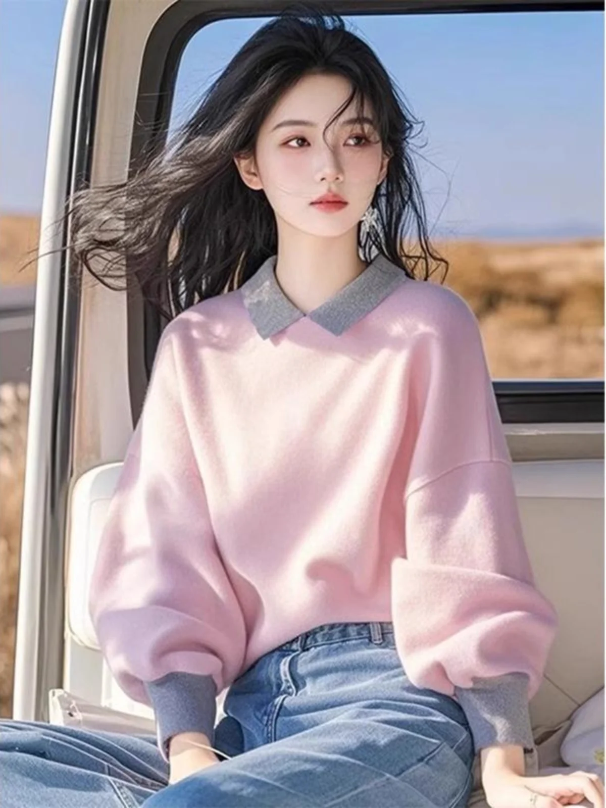 Modny, unikatowy różowy sweter w kształcie latarni, damski, wiosenny, nowy, wygodny, luźny krój, długi rękaw...