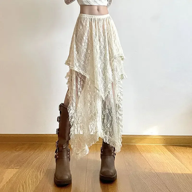 

Lace Asymmetrical Skirt Fairycore Women Vintage Y2K Boho Aesthetic Fashion High Waist Mid Skirts Lady Holiday Outfits