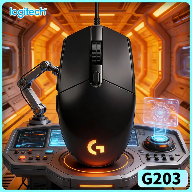 Mouse gamer com fio Logitech G203, diversos modos de ciclo de luz RGB, feedback de clique responsivo, almofadas antiderrapantes, USB para notebook.