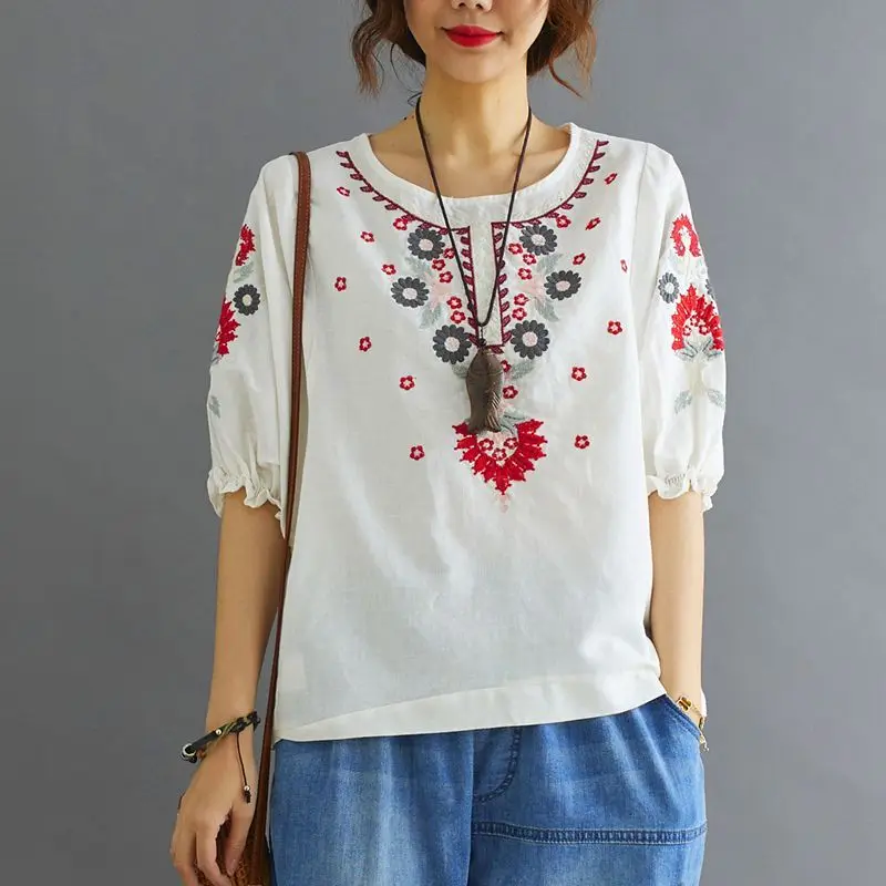 

Vintage Indie Folk Cotton Linen Embroidered O-neck Short Sleeve T-Shirt Women Summer Fashion Office Lady All-match Trend XQ79