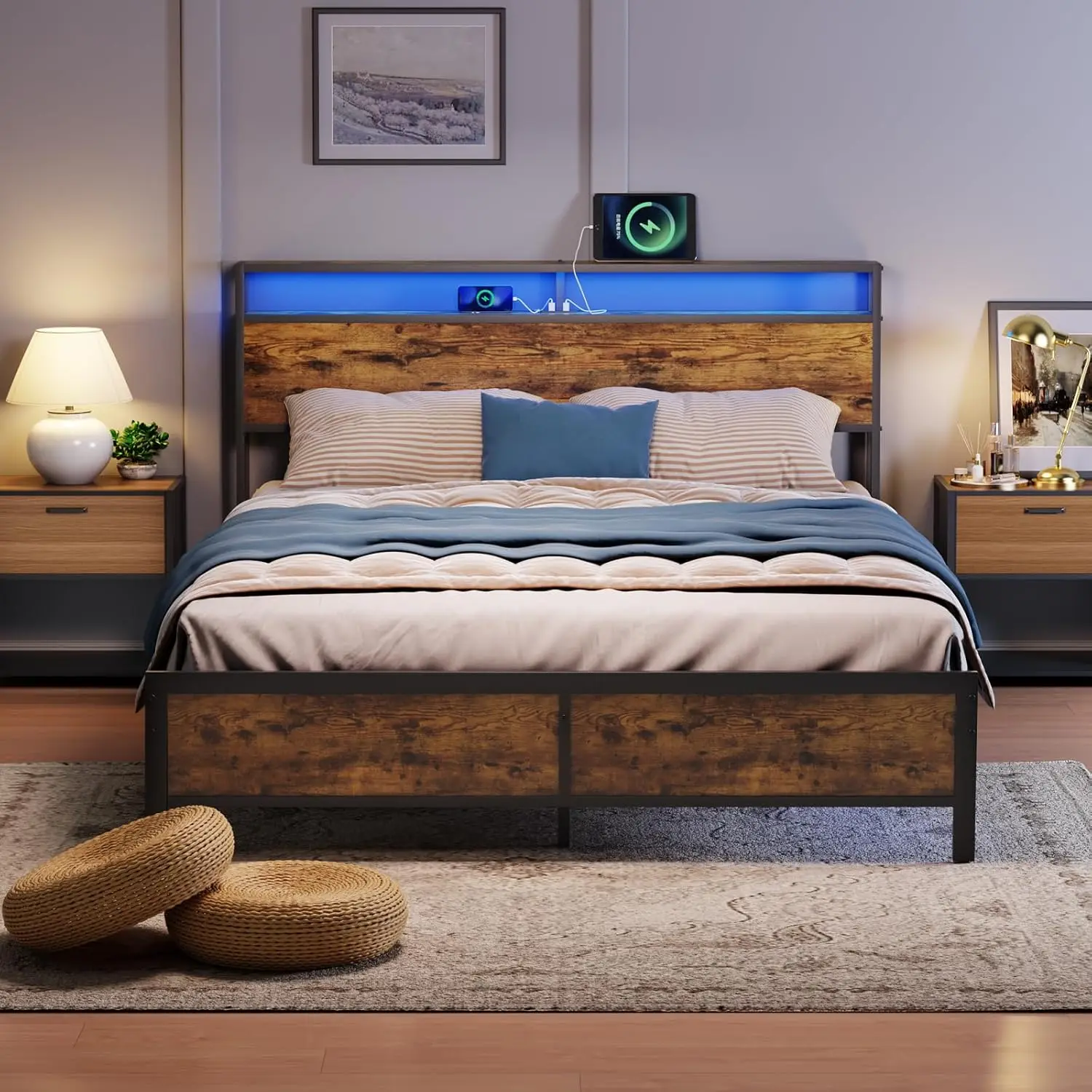 Bed Frame with LED Lights and 2 USB Ports Headboard Industrial,Metal Platform Bed with 2-Tier Storage Wooden Headboard