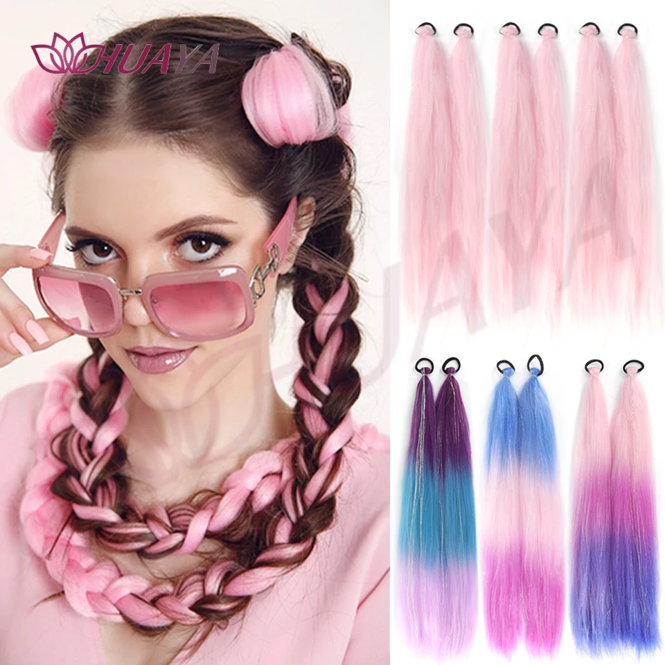 2-pack Ombre Braiding Hair Extensions Synthetic Colorful Braid Ponytail Extension With Hair Tinsel  Jumbo Ponytail For Women