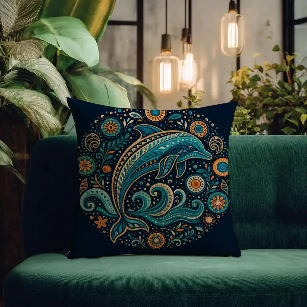 Animal Dolphin Cushion Cover Natural Linen Pillowcase Set Cushion Cover for Sofa Bedroom Chair