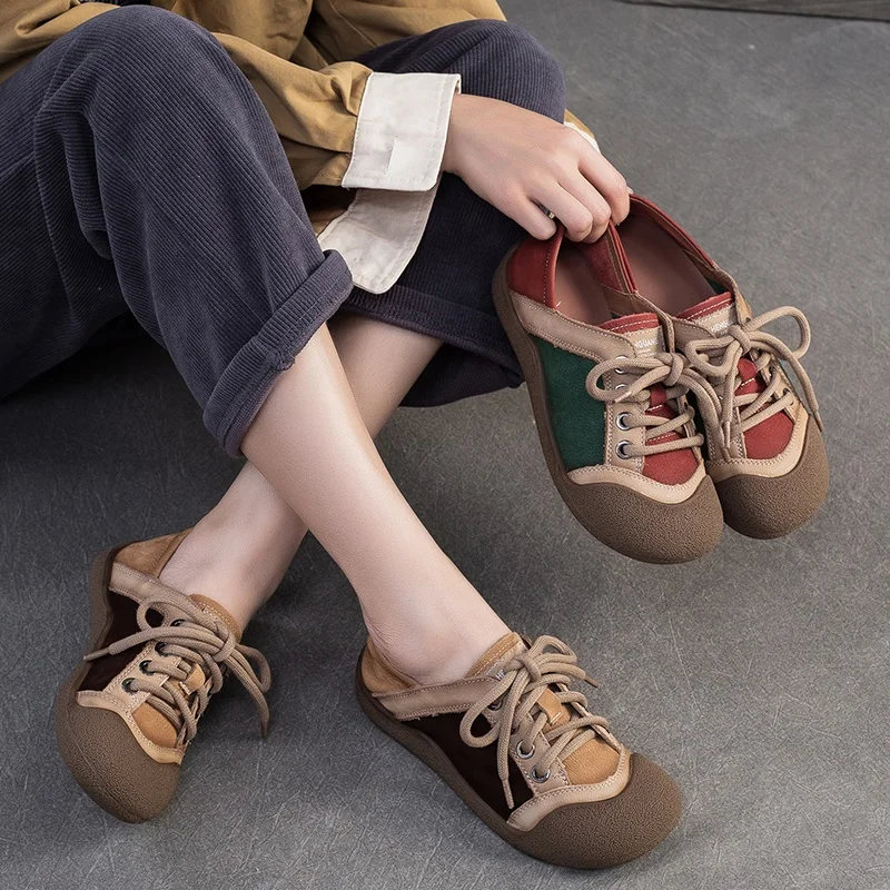 DRKANOL Women Flat Shoes 2026 Fashion Mixed Colors Cow Genuine Leather Lace-Up Retro Style Casual Shoes Ladies Winter Warm Shoes