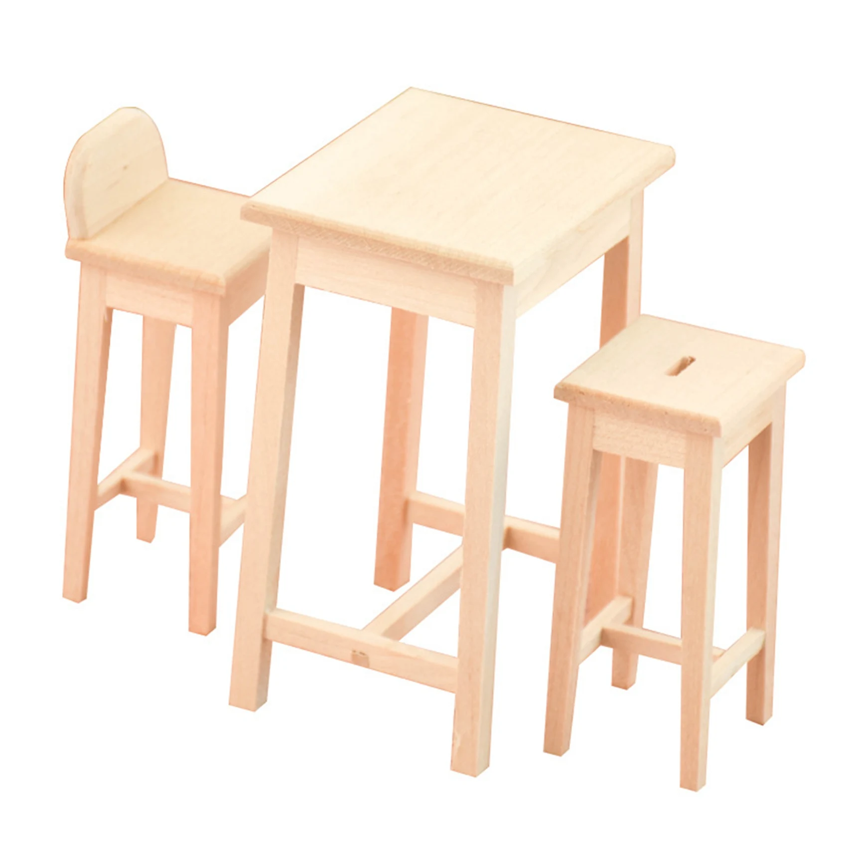 1/12 Scale Dolls House Miniature Furniture Wooden Bar Table and High Chairs Set for Decorate Accessories