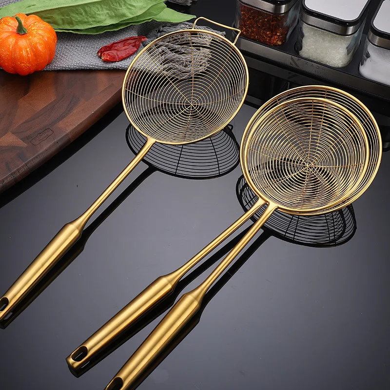 

304 Stainless Steel Colander Golden Strainer Long Handle Skimmer Oil Filter Pasta Dumpling Sieves Kitchen Tools