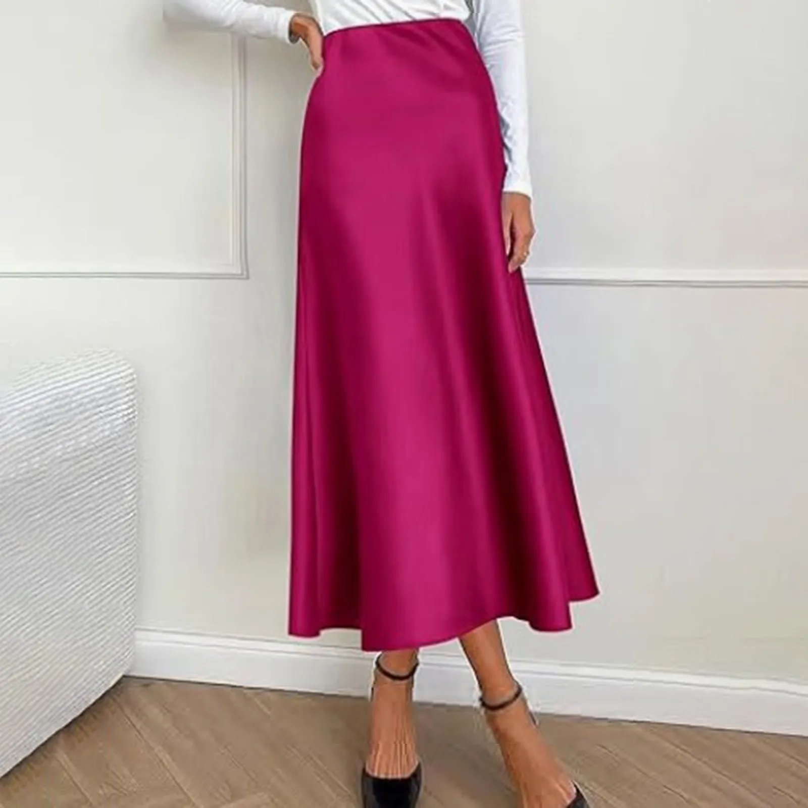 Elegante saia cetim de cintura alta cor sólida feminina, cintura elástica saias midi, leve plissada, moda verão