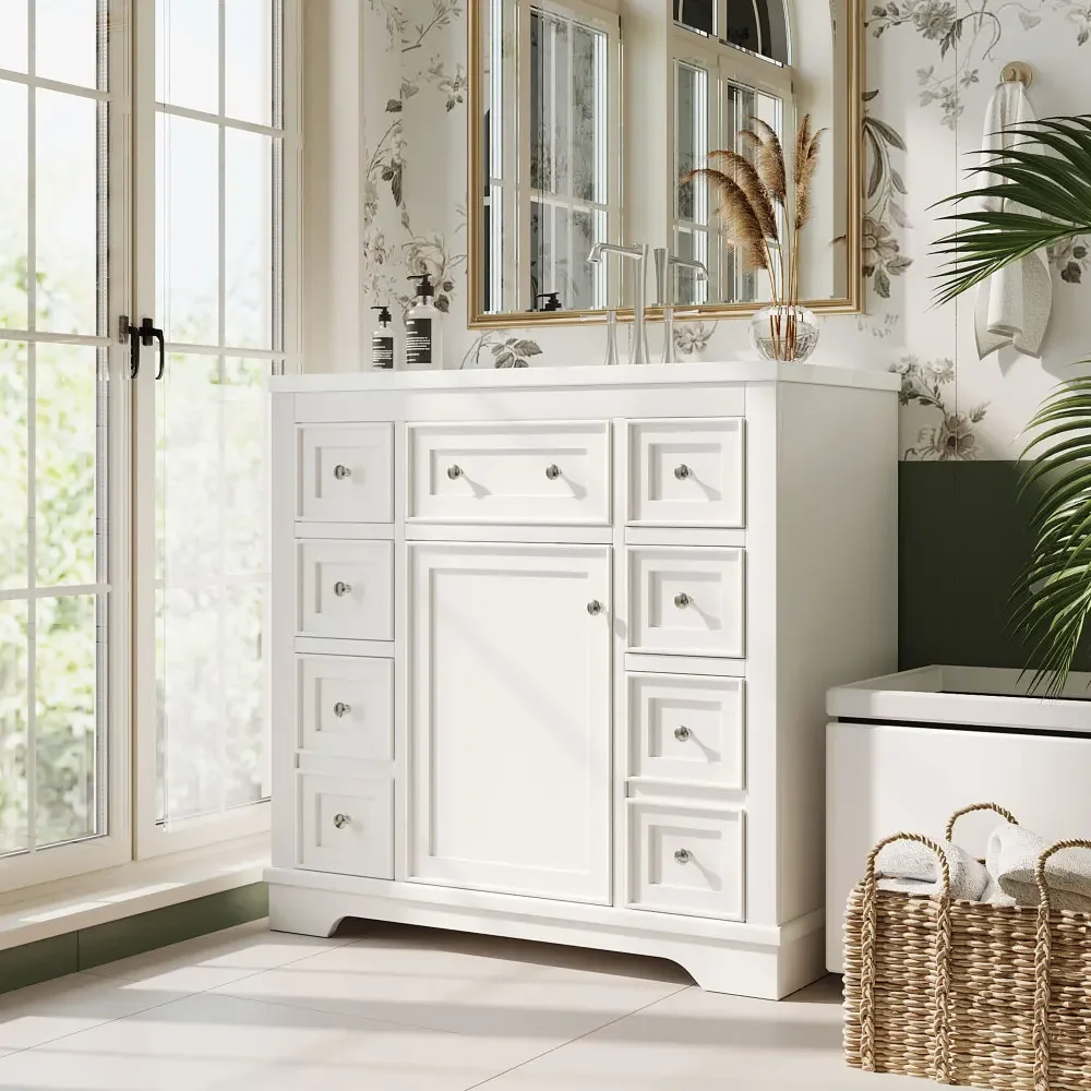 

36" Bathroom Vanity Without Sink, Cabinet Base Only, One Cabinets and Six Drawers, White Bathroom Sink Cabinet Storage Cabinets