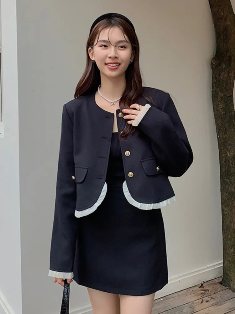 Women Autumn New French Coat Skirt Suit Vintage O-neck Blazer Jacket+A-line Mini Skirt Two Pieces Set Elegant Commuting Outfits