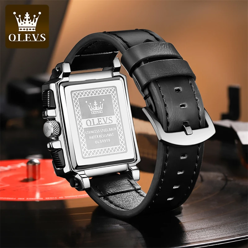 OLEVS-Relógio de quartzo impermeável masculino, pulseira de couro, Big Dial Square Chronograph, relógio esportivo masculino, original, 9919