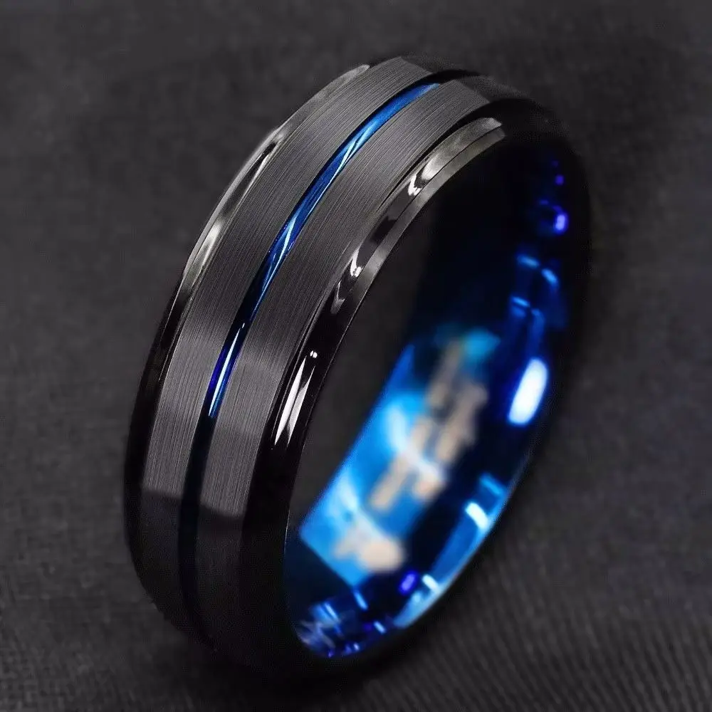 Men's 8MM Black Brushed Stainless Steel Ring with Ladder Edge And Blue Groove Fashionable Wedding Band Jewelry Gift for Men