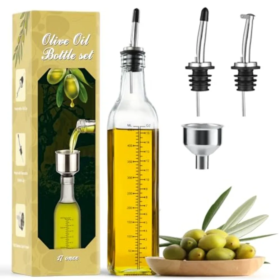 

Glass Olive Oil Dispenser Bottle - 500ml -Oil and Vinegar Cruet Pourers and Funnel - Olive Oil Carafe Decanter for Kitchen