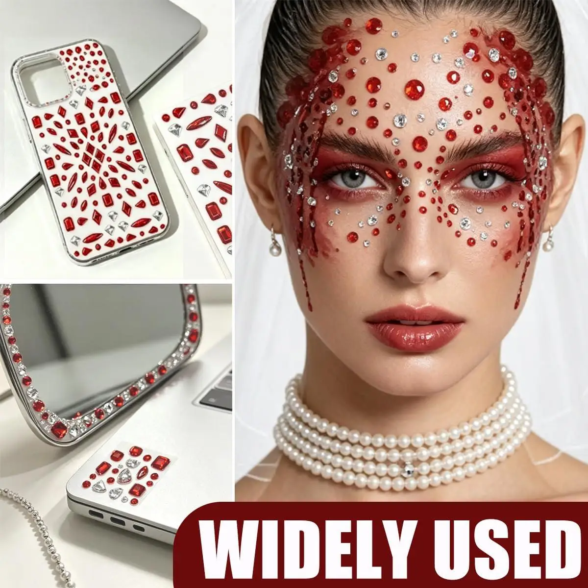 1/12 Sheets Red White Gems Face Jewels Self-Adhesive Rhinestones Face Stickers for Halloween Witch Makeup Rave Party Eye Body