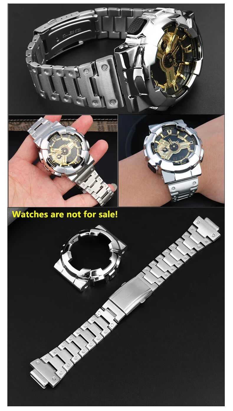 For Casio GA-110 GA-120 GA-100 Solid Stainless Steel Case Men's Waterproof Watchband Bezel GA110 Metal Strap +Case Mod Kit +Tool