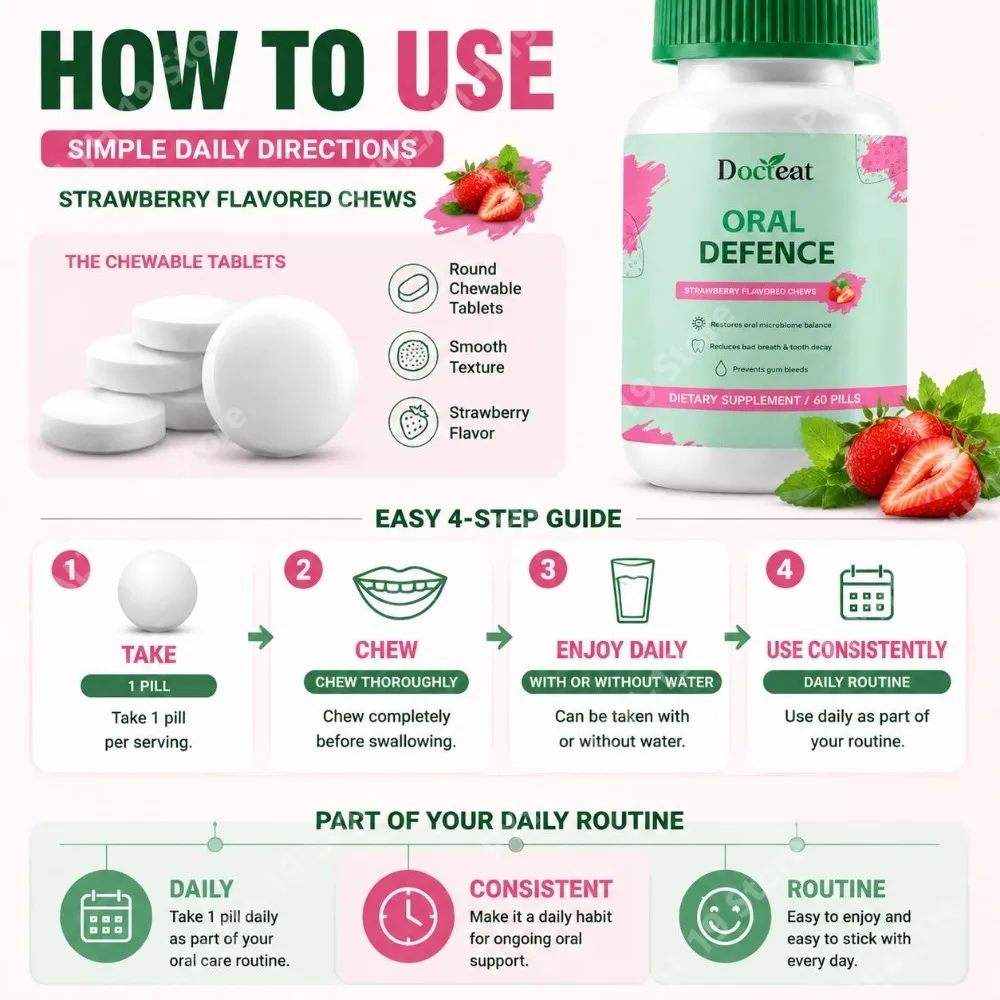 Docteat Oral Defence Chews Strawberry Flavor Hydroxyapatite Xylitol Lactoferrin For Enamel Breath Oral Microbiome Adult 60 Count - view 5
