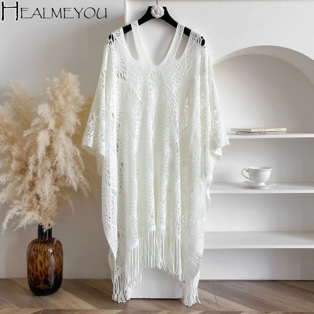 

Casual Sun Protection Bohemian Shawl Plus Size Beach Wear Knit Hollow Out Top Tassels Loose Crochet Top Women Streetwear