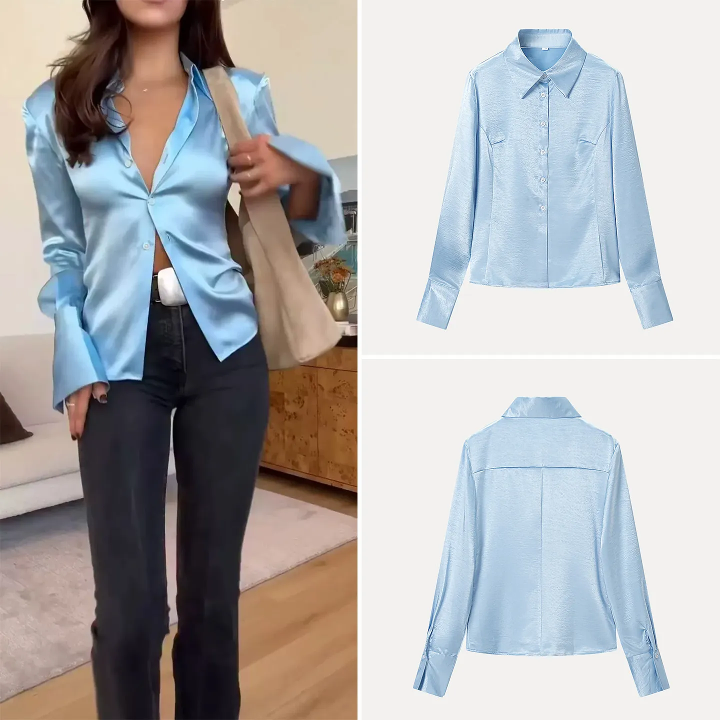 

Fashionable Long Sleeve Shirt Women's Casual Style Turn-down Collar Single Button Slimming Top for Summer 2026 Zadata Brand