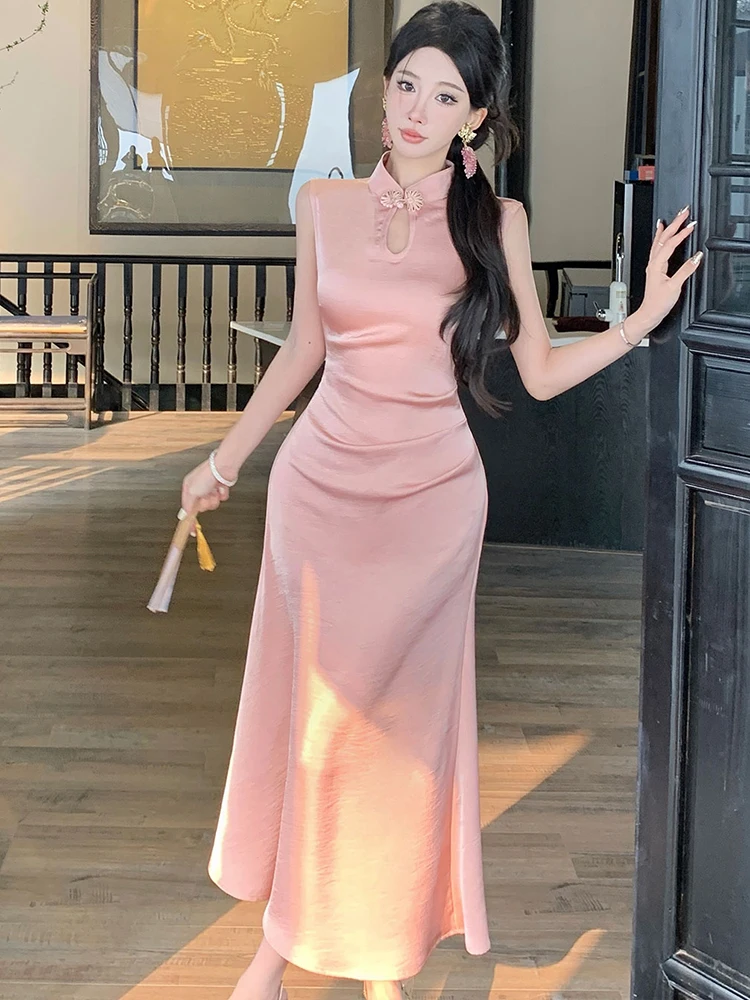 2025 ピンクアセテートサテンシックなノースリーブマキシドレス女性エレガントな高級フェスティバルイブニングドレス夏の韓国ボディコンウエディングドレス