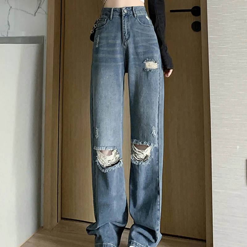 Oversized Casual Women Ripped Denim Pants Spring Summer Popular High Waist Straight Wide Leg Trousers Female Jeans S-5xl