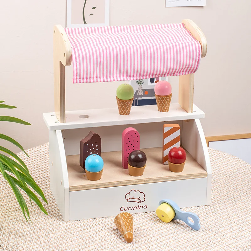 Educational Toddler Wood Toy Set Ice Cream Cart Magnet Color Shopping Pretend Kitchen Play Sort Stacking Trolley Game Gift Kid