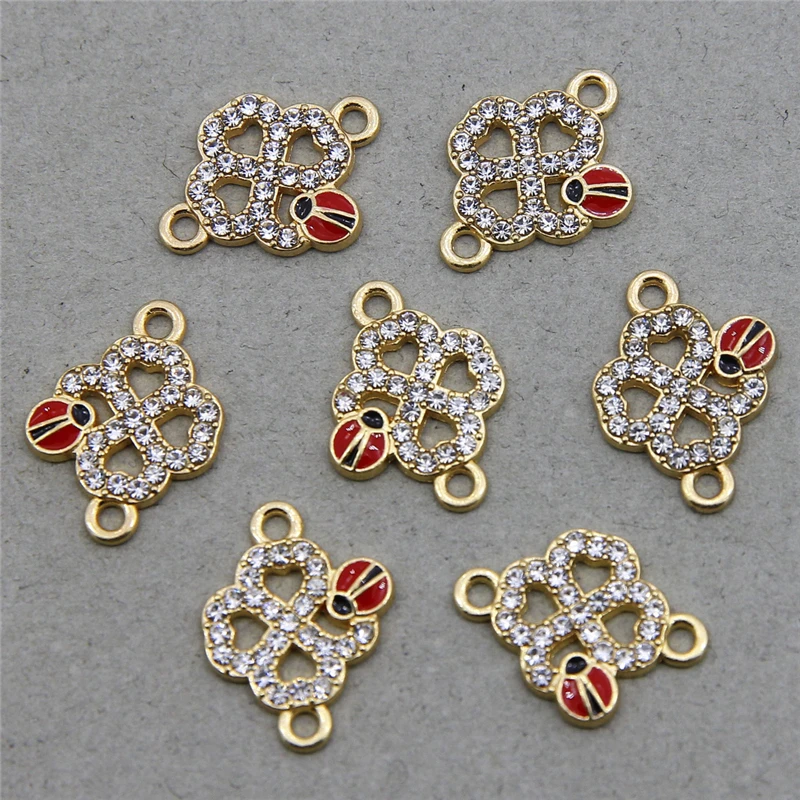 50pcs Red Color Clover Ladybug Flower Enamel Double lifting holes Pendant Charm Jewelry Finding Necklace Phone Accessories