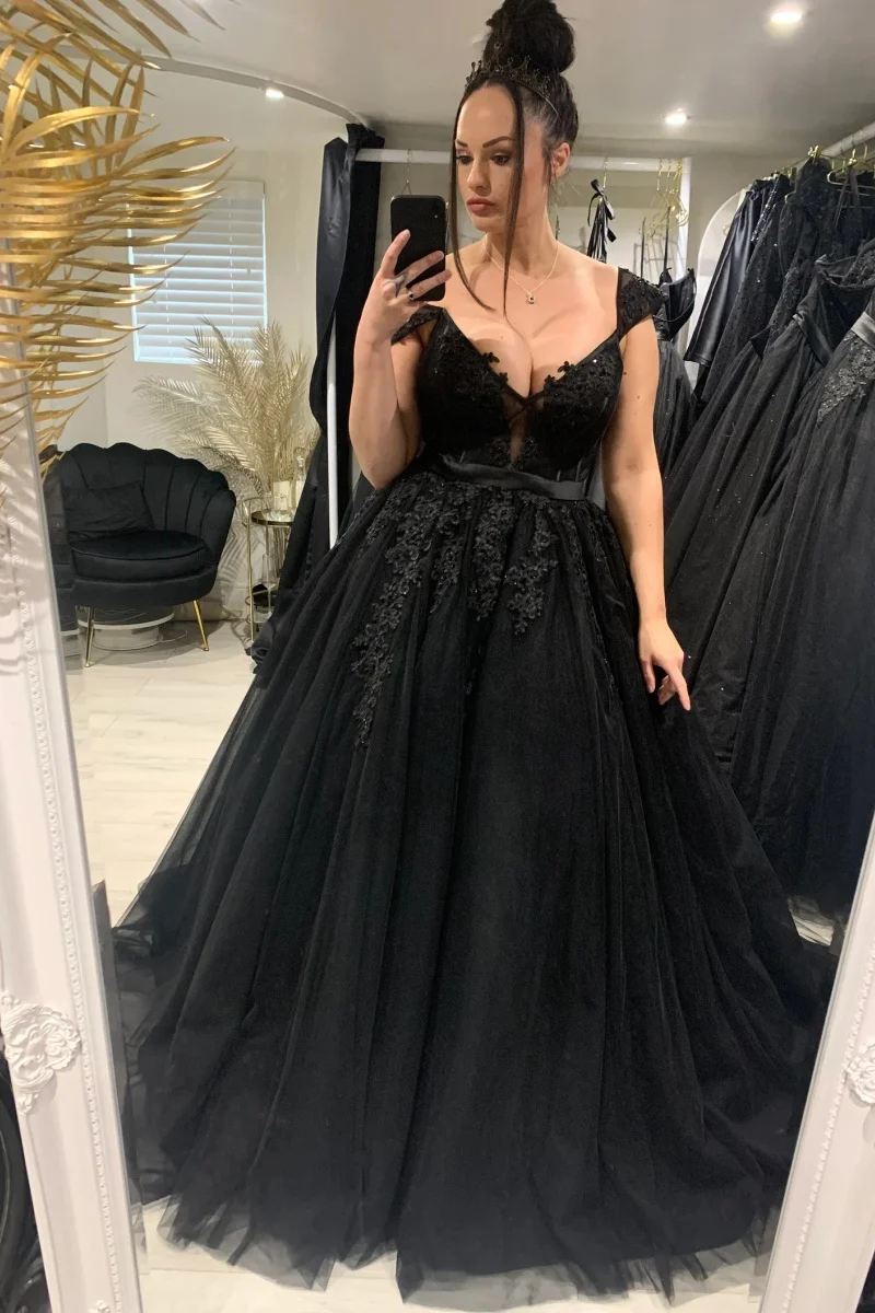 Jessica-Robe de mariée noire gothique avec broderie de perles, robes de Rhde luxe, dame élégante en tulle, robe éducative personnalisée