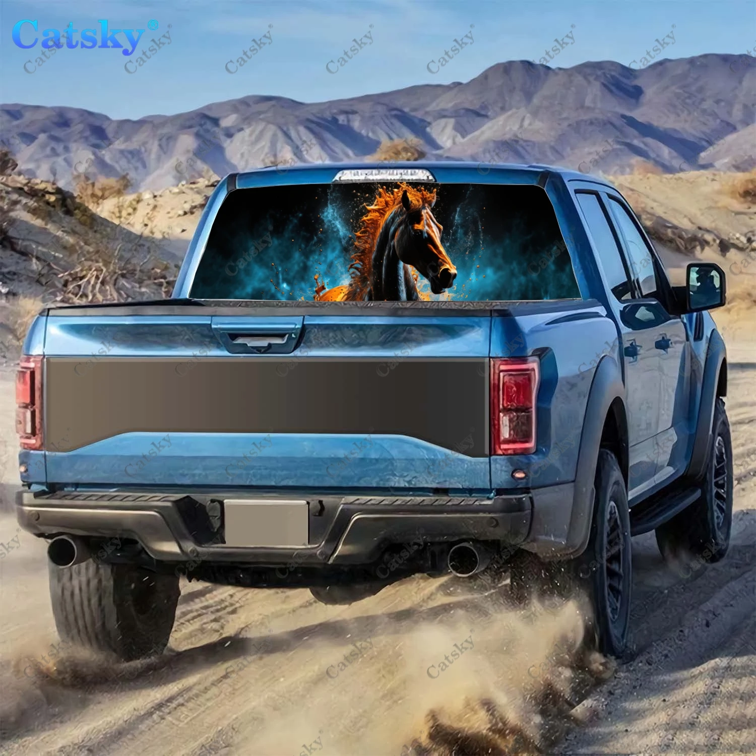 Horse Galloping On Fire Rear Window Decal Fit Pickup,Truck,Car Universal See Through Perforated Back Windows Vinyl Sticker