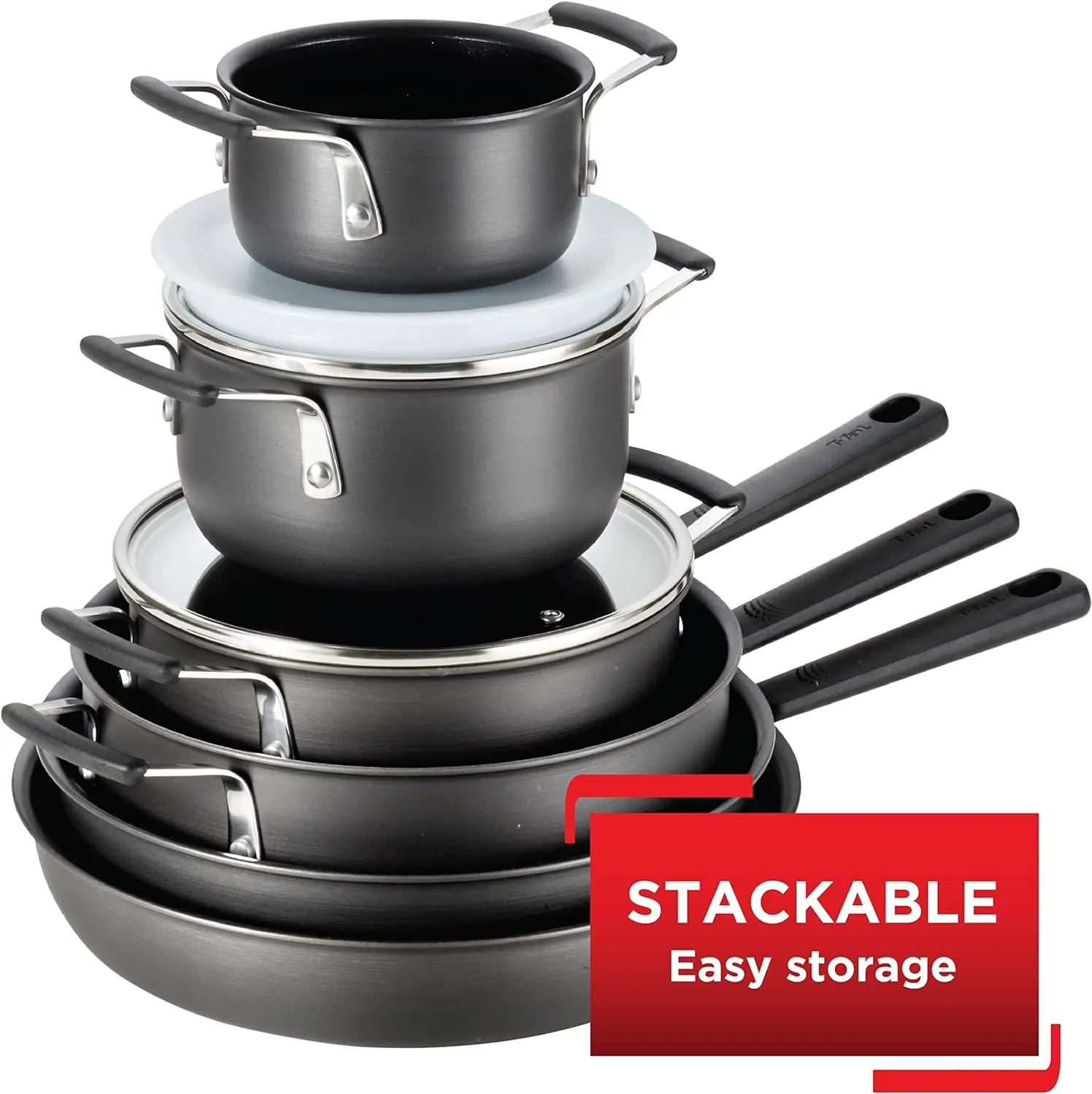 T-fal All In One Hard Anodized Nonstick Cookware Set 12 Piece Pots and Pans, Dishwasher Safe Black