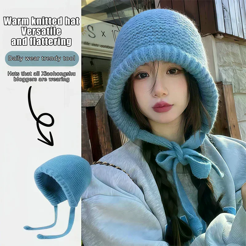 Sweet Handmade Autumn Winter Knitted Beanies Hat Wool Warm Ear Protection Hat Windproof Tassel Pullover Hat