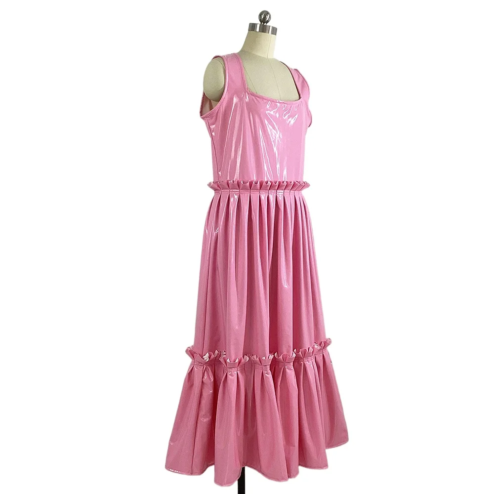 Women's Large Swing Dress, Shiny Sleeveless Pleat, High Waist, PVC Long Dress, Party Ruffle, Layered, A-line, Fashion