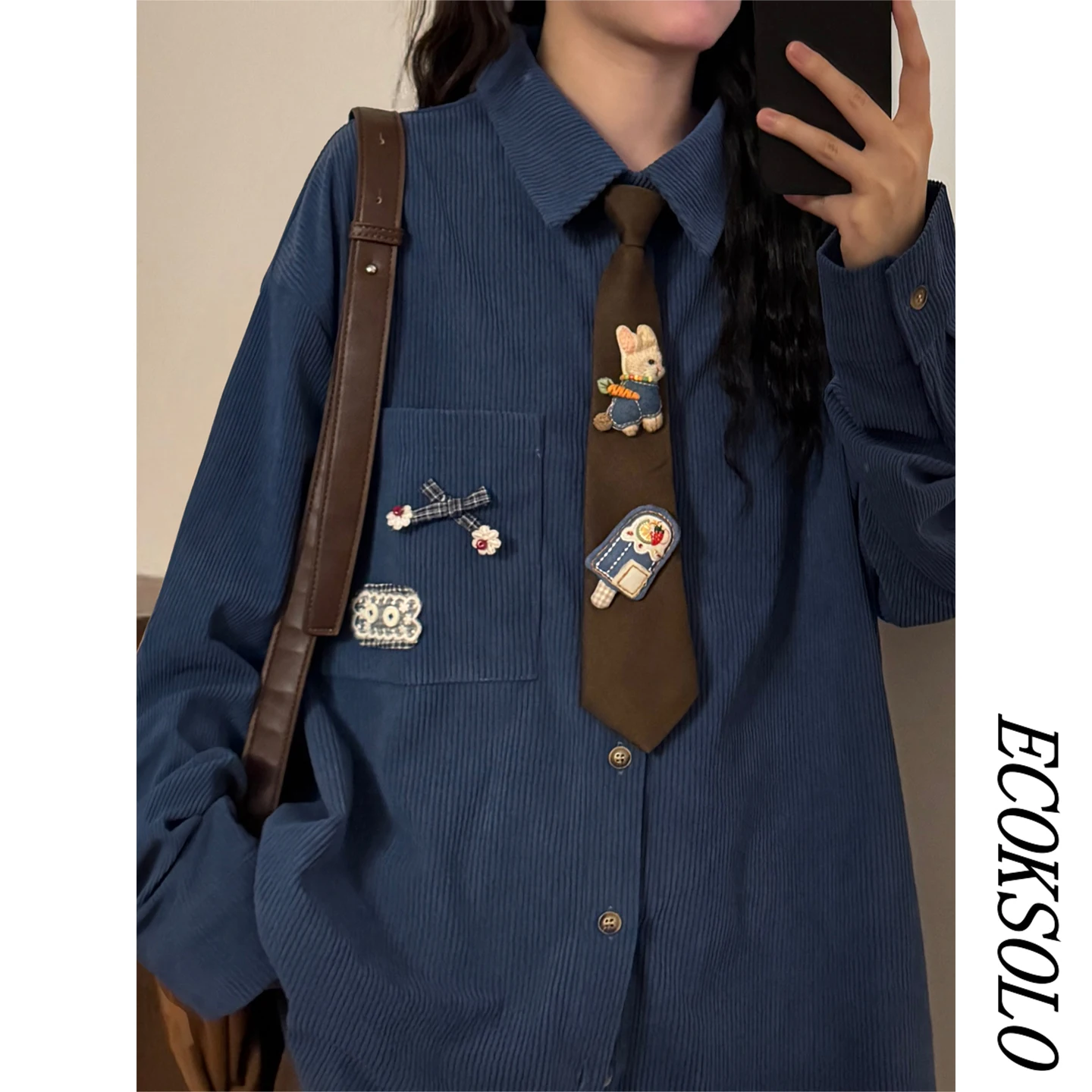 ECOKSOLO Women's Loose Fit Long Sleeve Corduroy Shirt Casual Versatile Autumn New Style Retro Hong Kong Style Tie Shirt