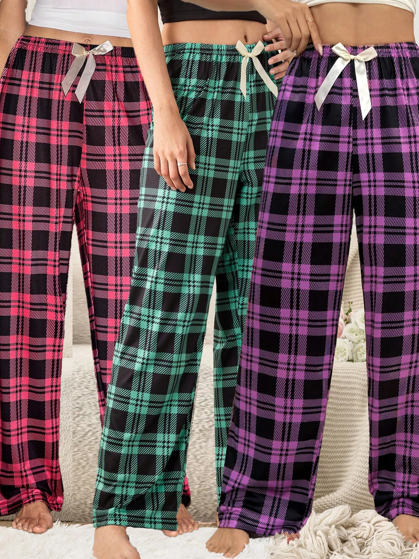 Three-piece women's new style checkered printed long pants, casual and comfortable pajama pants, bow-decorated checkered pattern