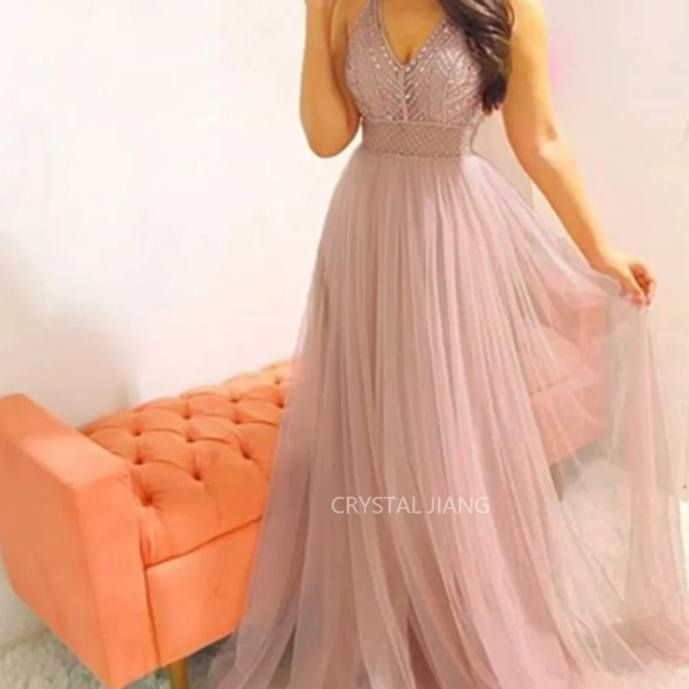 Women Evening Dress Long V Neck Tulle Natural Waist Sleeveless A Line Sweep Train Formal Occasion Dresses