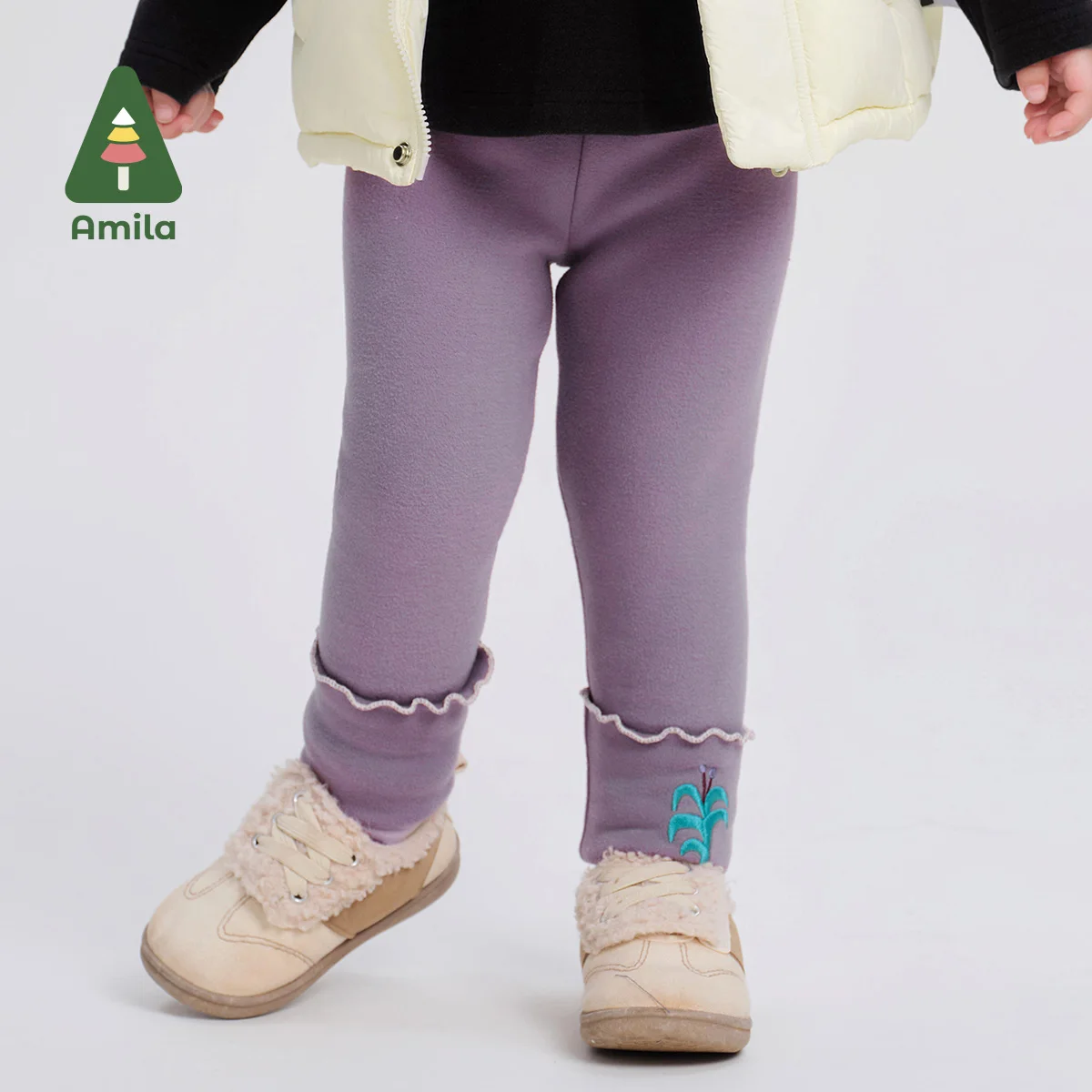 Amila Baby Leggings 2024 Winter New Girls Solid Color Warm Soft And Velvet Skin-Friendly Basic Versatile Casual Children\'s Pants