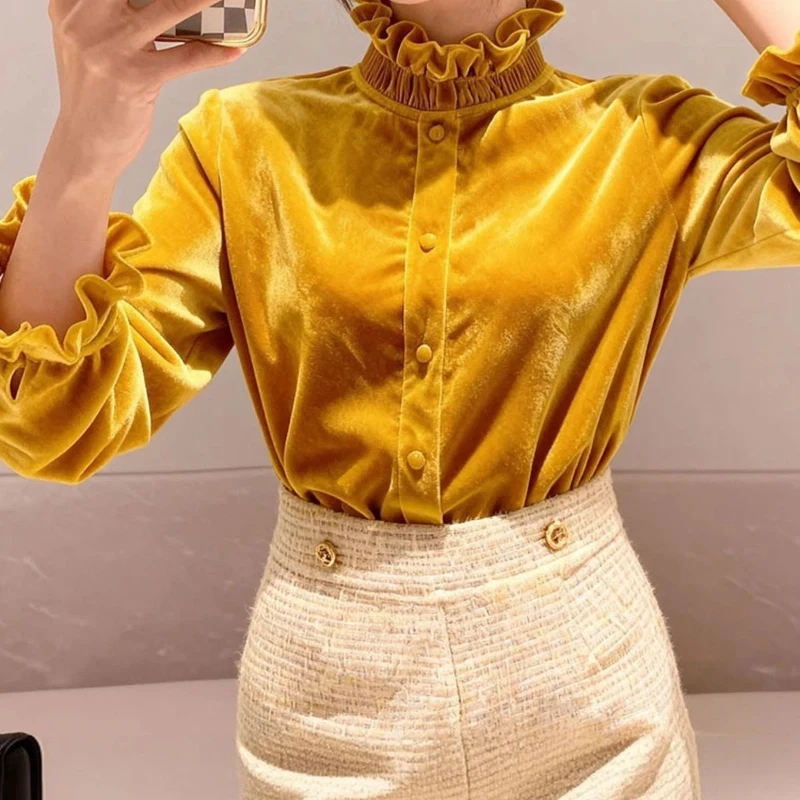 

Elegant Women Blouse With Ruffled Collar And Puff Sleeves Slim Fit Spring Autumn Fashion Top