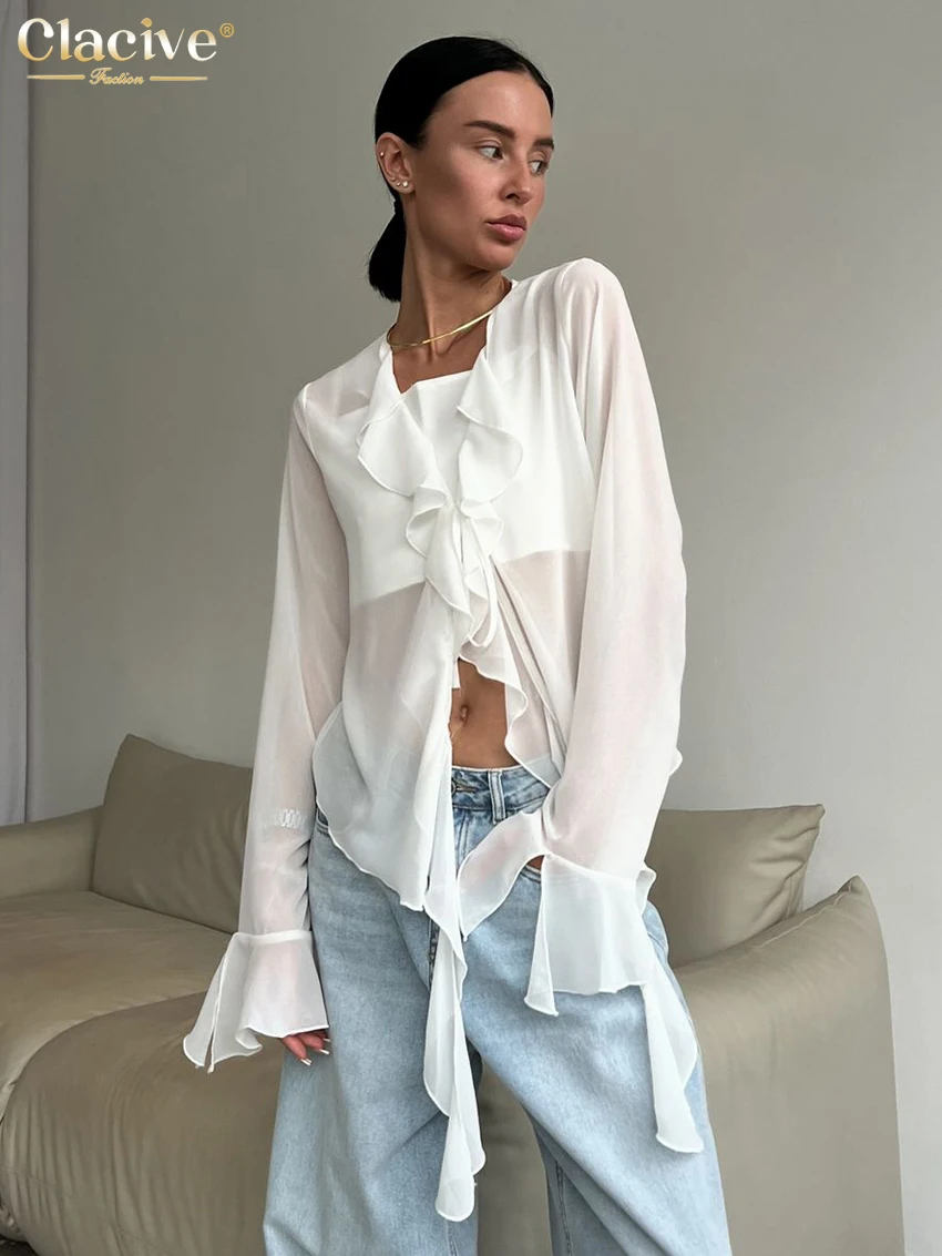 

Clacive Sexy Loose White Women's Shirts Fashion V-Neck Long Sleeve Blouse Elegant See Through Ruffle Solid Top Female Clothing